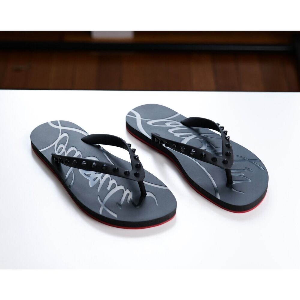 Christian Louboutin Black Loubi Spike Studded Rubber Flip Flop Slides (Size 42)